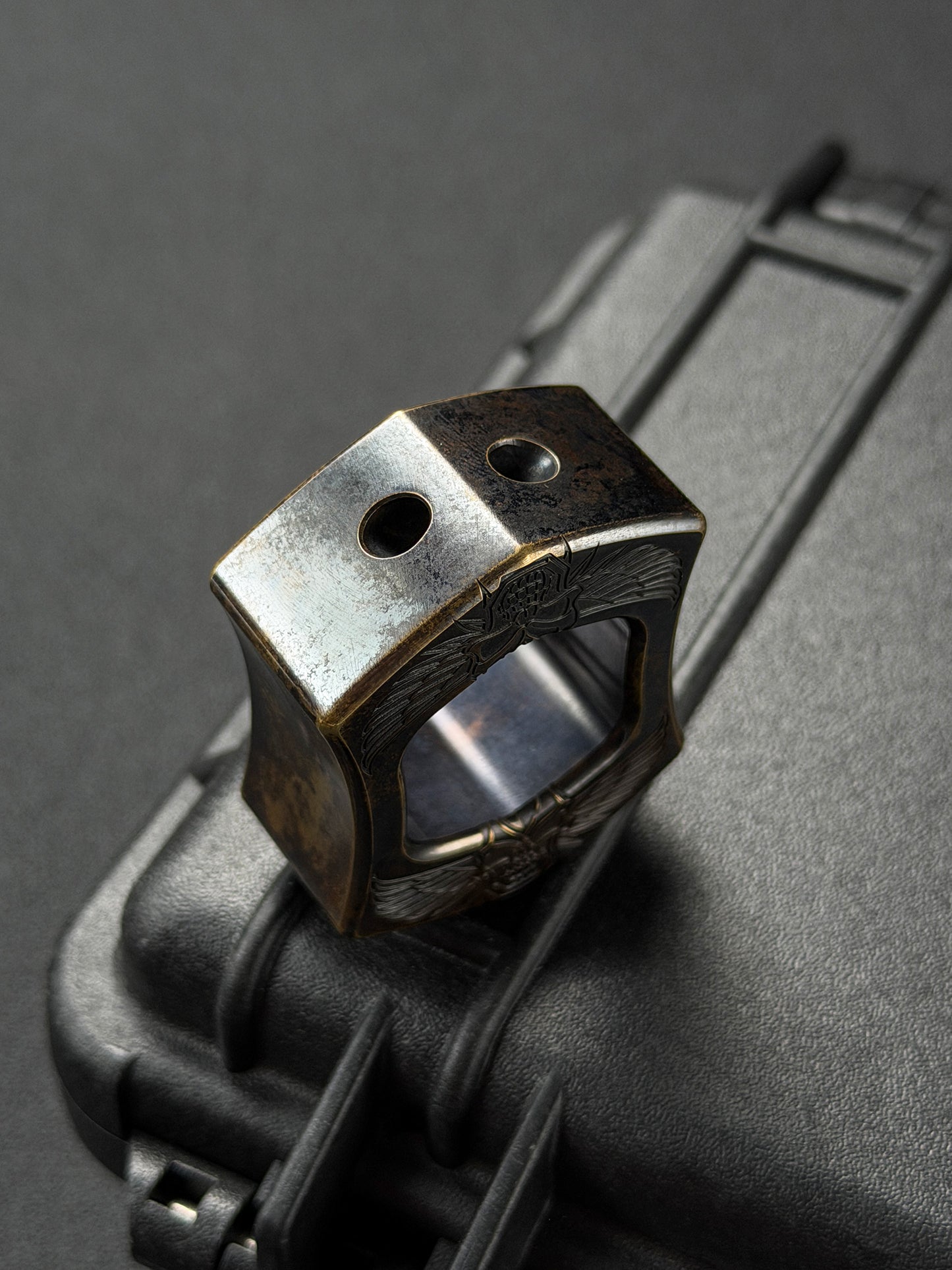 Rare Vintage STEEL FLAME Extra-Thick Bronze Resolute Skull EDC Ring – Made in USA