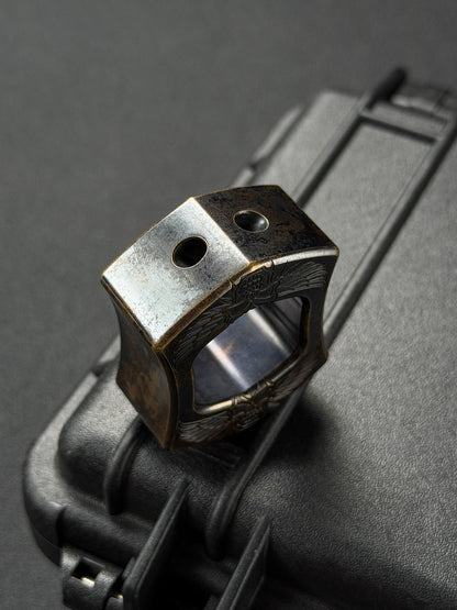 Rare Vintage STEEL FLAME Extra-Thick Bronze Resolute Skull EDC Ring – Made in USA