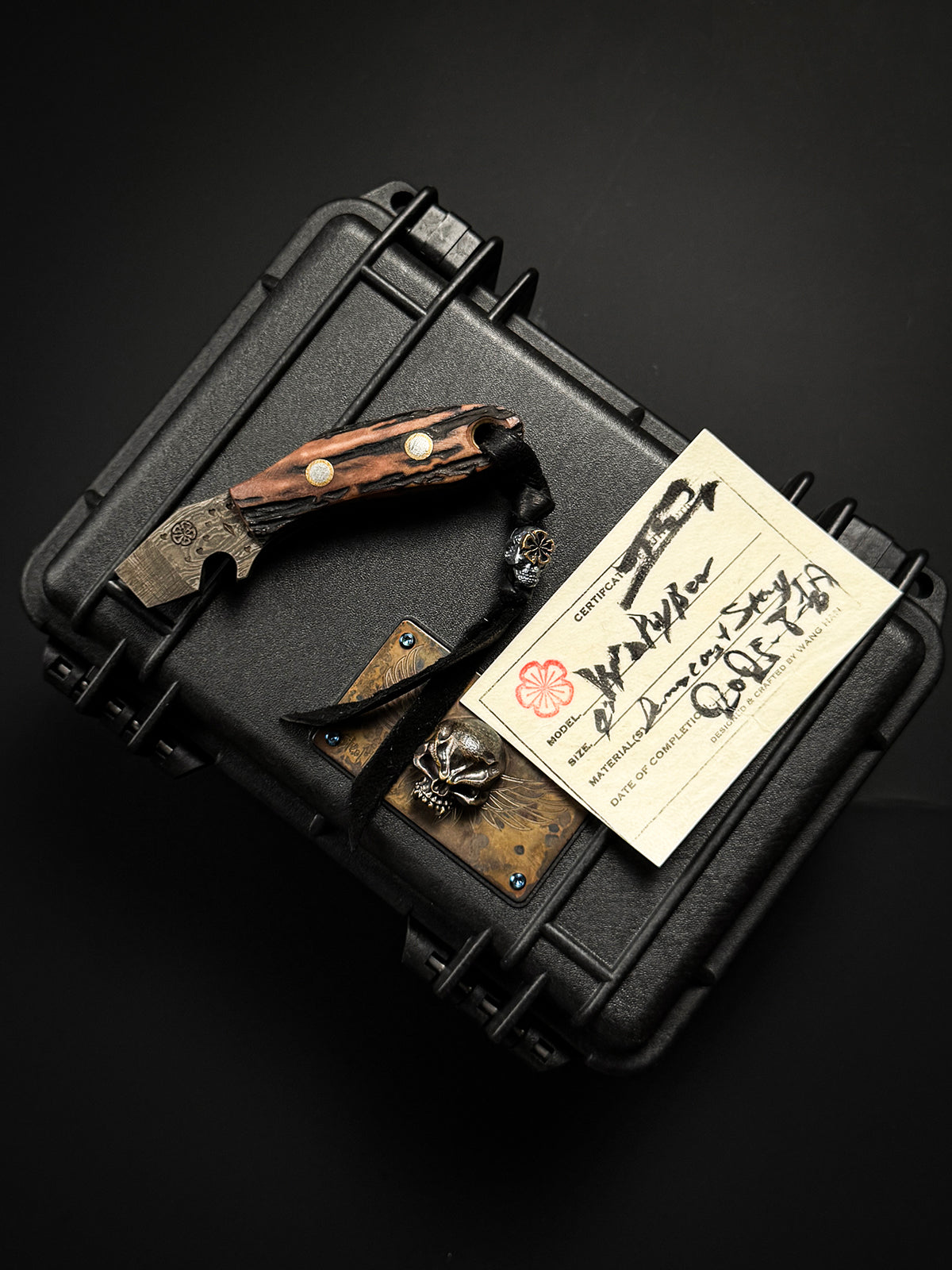 Made in Japan Wtopia One-Off Custom High-Carbon Laminated Steel EDC Pry Bar with Hokkaido Deer Antler Handle and Bronze Apricot Blossom Silver Skull Bead