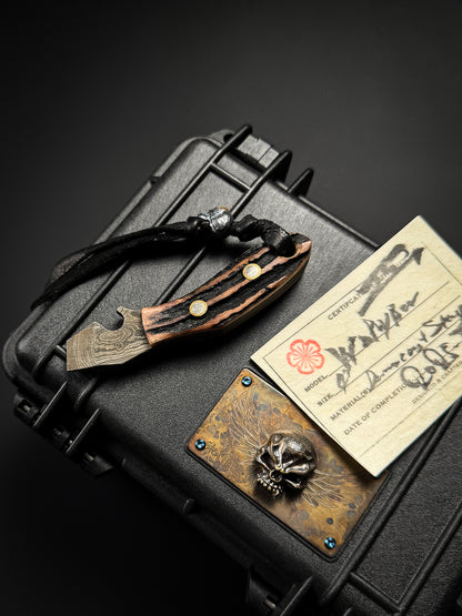 Made in Japan Wtopia One-Off Custom High-Carbon Laminated Steel EDC Pry Bar with Hokkaido Deer Antler Handle and Bronze Apricot Blossom Silver Skull Bead
