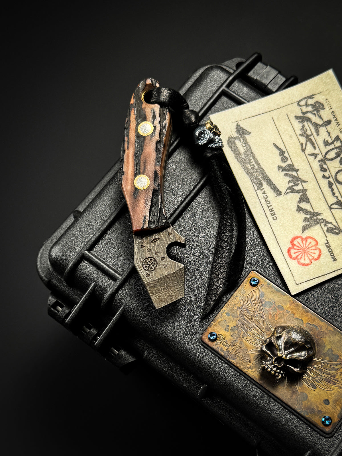 Made in Japan Wtopia One-Off Custom High-Carbon Laminated Steel EDC Pry Bar with Hokkaido Deer Antler Handle and Bronze Apricot Blossom Silver Skull Bead