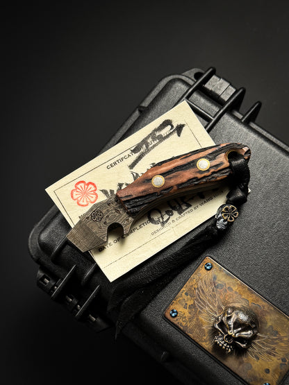 Made in Japan Wtopia One-Off Custom High-Carbon Laminated Steel EDC Pry Bar with Hokkaido Deer Antler Handle and Bronze Apricot Blossom Silver Skull Bead