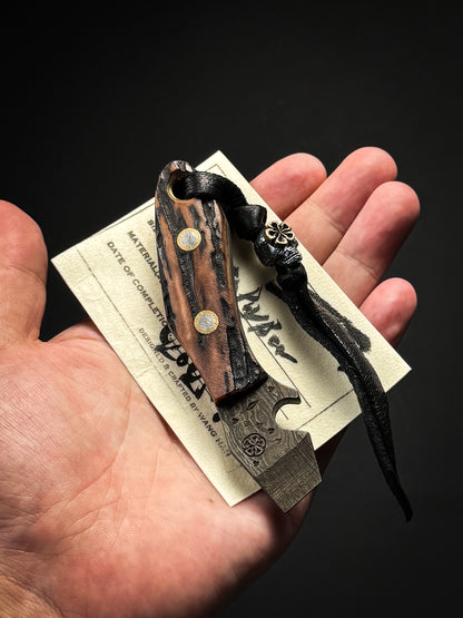 Made in Japan Wtopia One-Off Custom High-Carbon Laminated Steel EDC Pry Bar with Hokkaido Deer Antler Handle and Bronze Apricot Blossom Silver Skull Bead