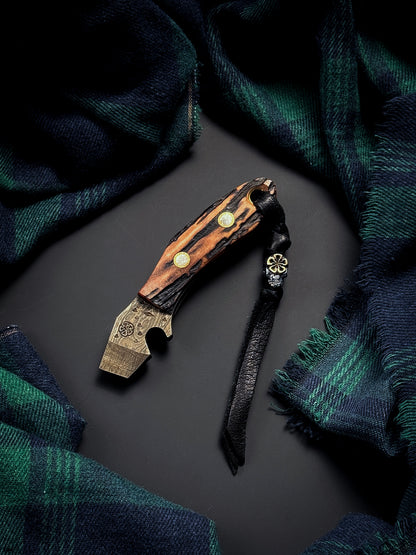 Made in Japan Wtopia One-Off Custom High-Carbon Laminated Steel EDC Pry Bar with Hokkaido Deer Antler Handle and Bronze Apricot Blossom Silver Skull Bead