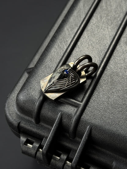 Rare Vintage Steel Flame Pendant with Silver Angel Wing and Sapphire Inlay