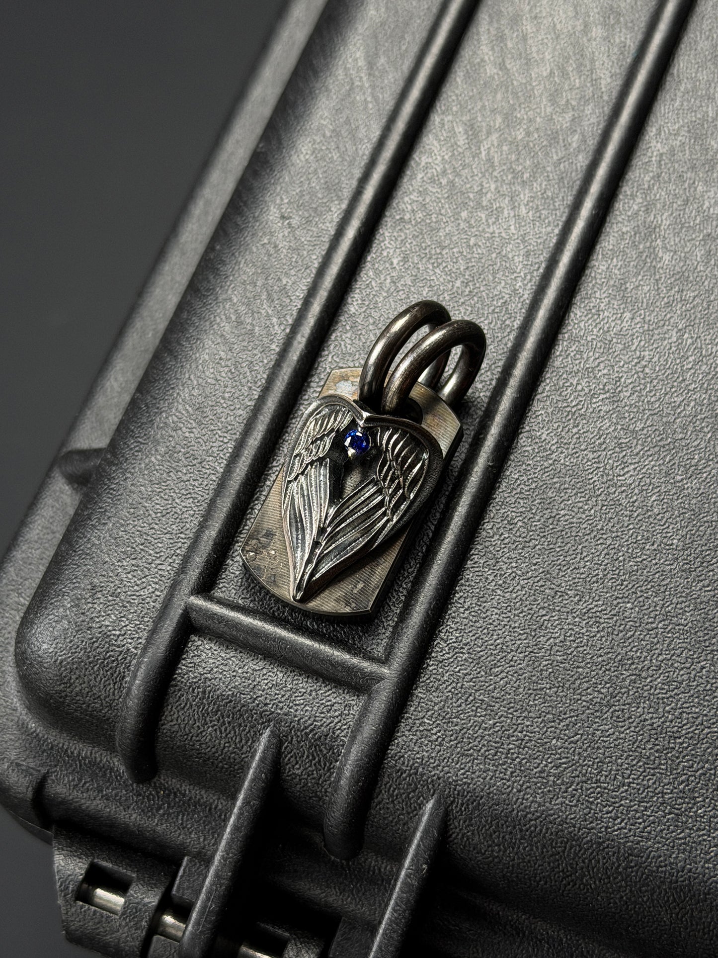 Rare Vintage Steel Flame Pendant with Silver Angel Wing and Sapphire Inlay