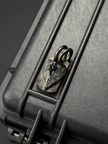Rare Vintage Steel Flame Pendant with Silver Angel Wing and Sapphire Inlay
