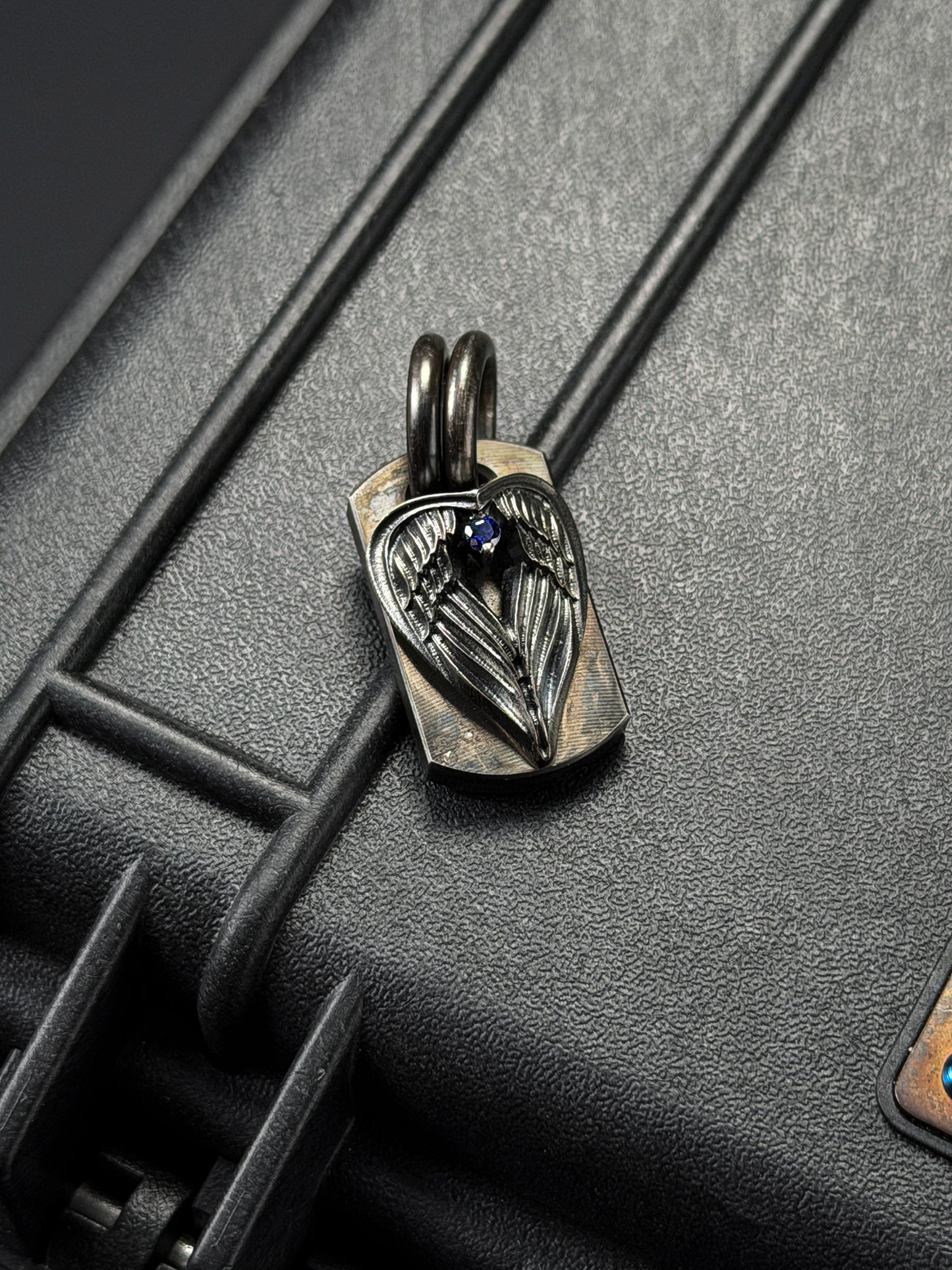 Rare Vintage Steel Flame Pendant with Silver Angel Wing and Sapphire Inlay