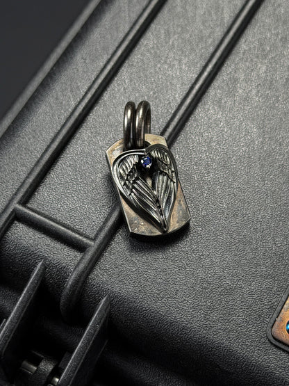Rare Vintage Steel Flame Pendant with Silver Angel Wing and Sapphire Inlay