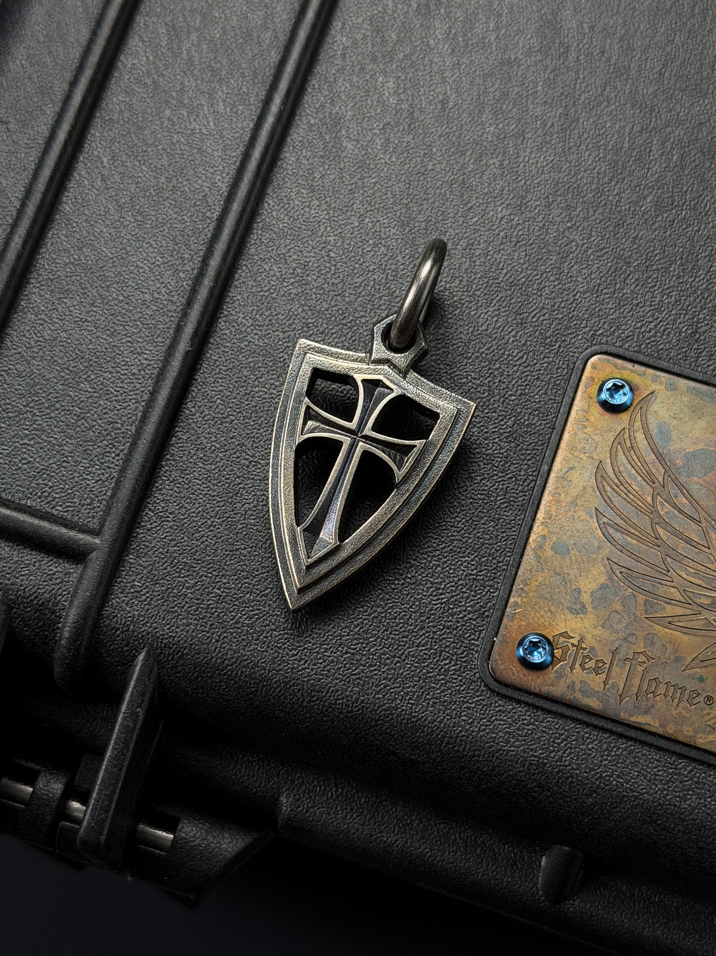 Rare Vintage Steel Flame Bronze Double-Sided Shield Pendant