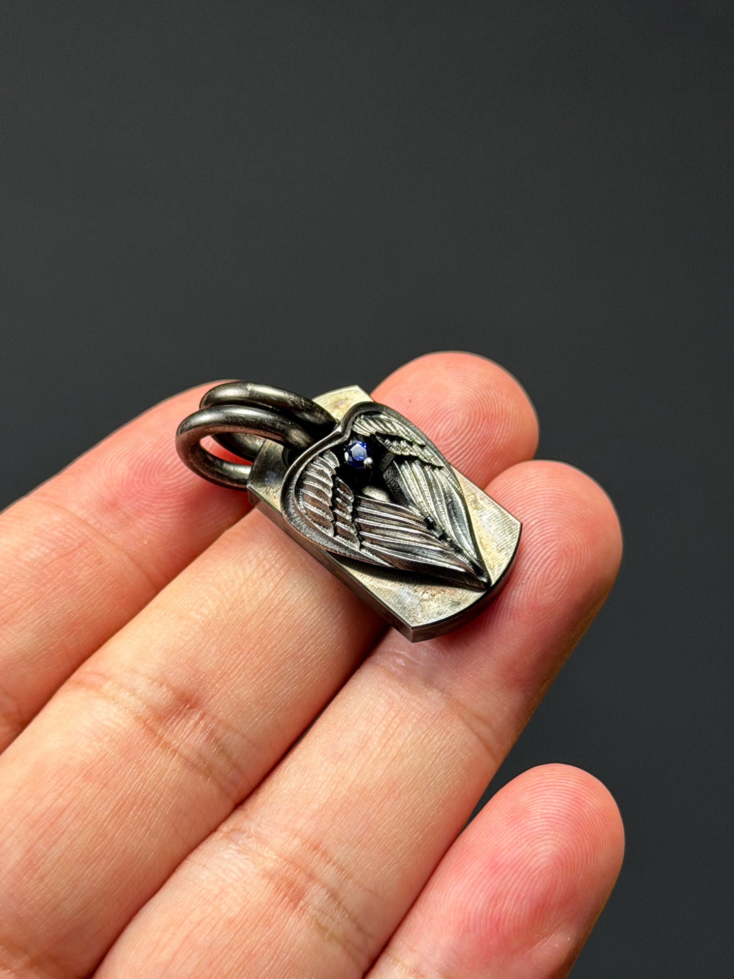 Rare Vintage Steel Flame Pendant with Silver Angel Wing and Sapphire Inlay
