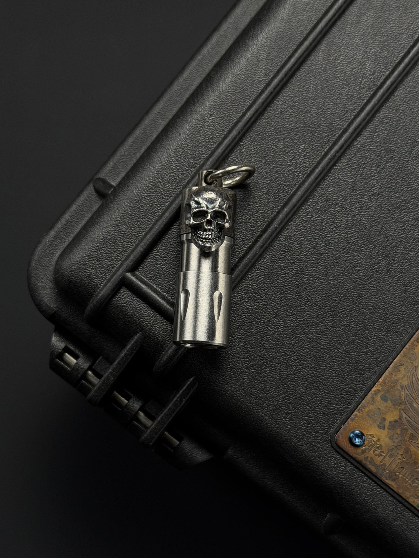 Rare Vintage Steel Flame Mini Flashlight with Silver Warrior Skull Inlay