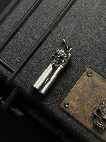 Rare Vintage Steel Flame Mini Flashlight with Silver Warrior Skull Inlay