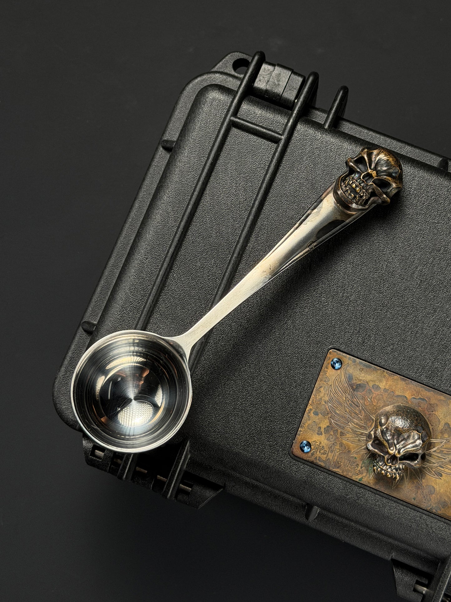 Rare Vintage Steel Flame Stainless Steel Spoon with Bronze Skull Inlay