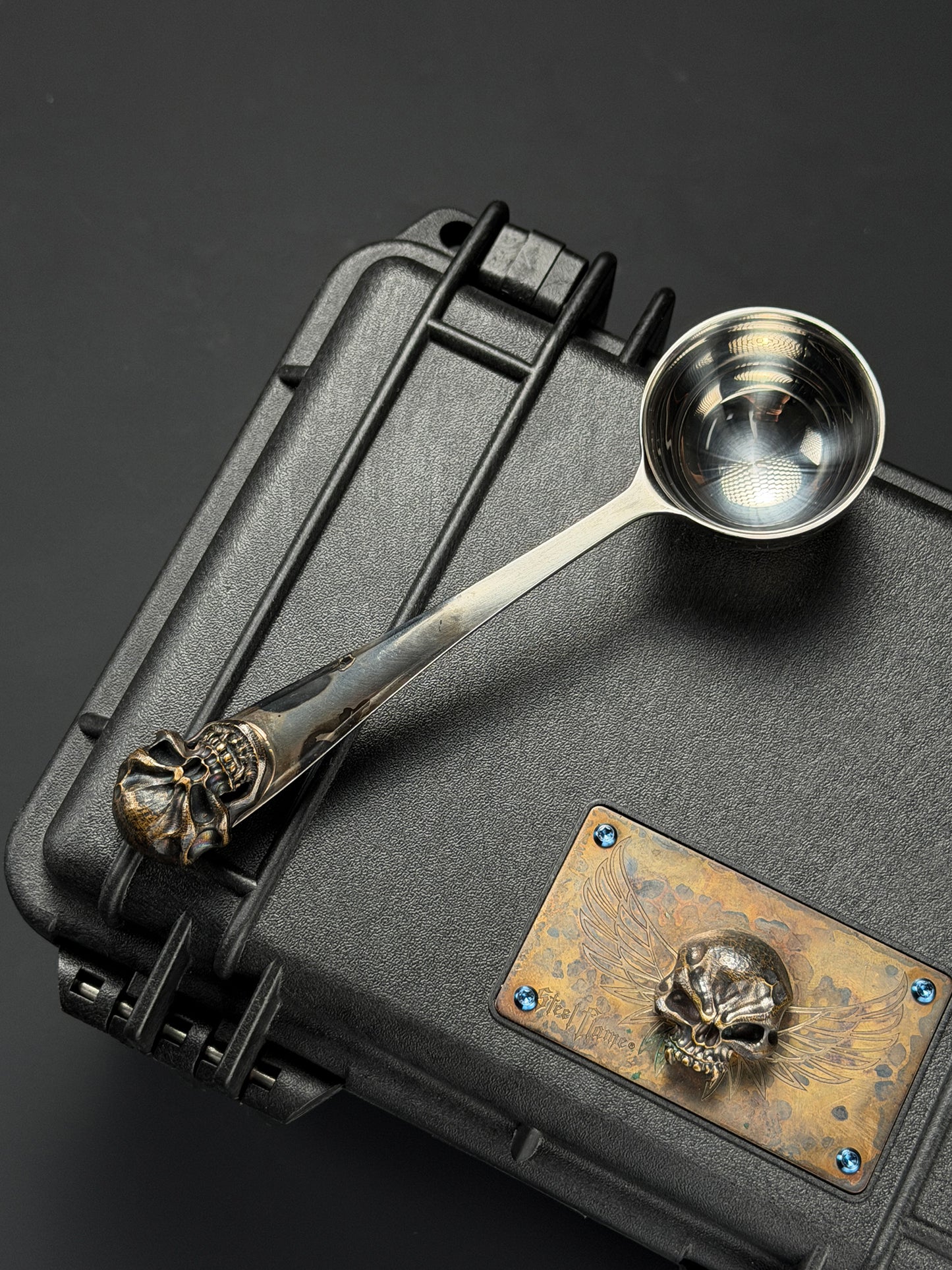 Rare Vintage Steel Flame Stainless Steel Spoon with Bronze Skull Inlay