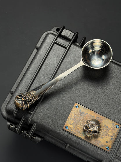 Rare Vintage Steel Flame Stainless Steel Spoon with Bronze Skull Inlay