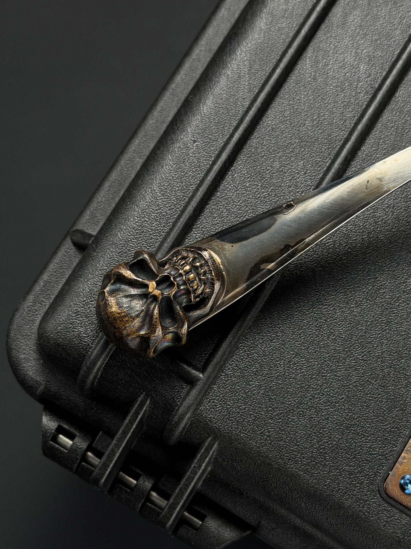 Rare Vintage Steel Flame Stainless Steel Spoon with Bronze Skull Inlay