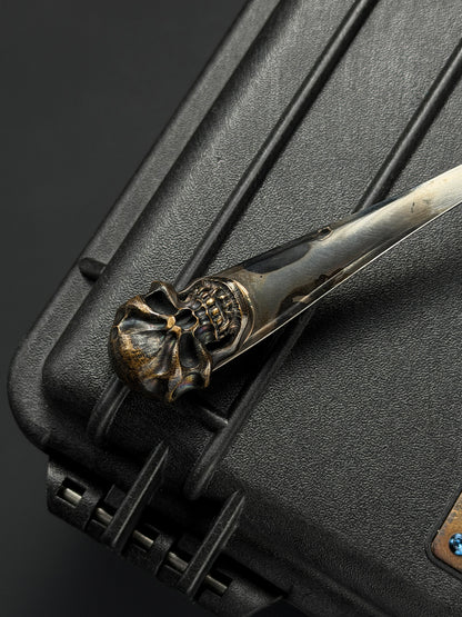 Rare Vintage Steel Flame Stainless Steel Spoon with Bronze Skull Inlay