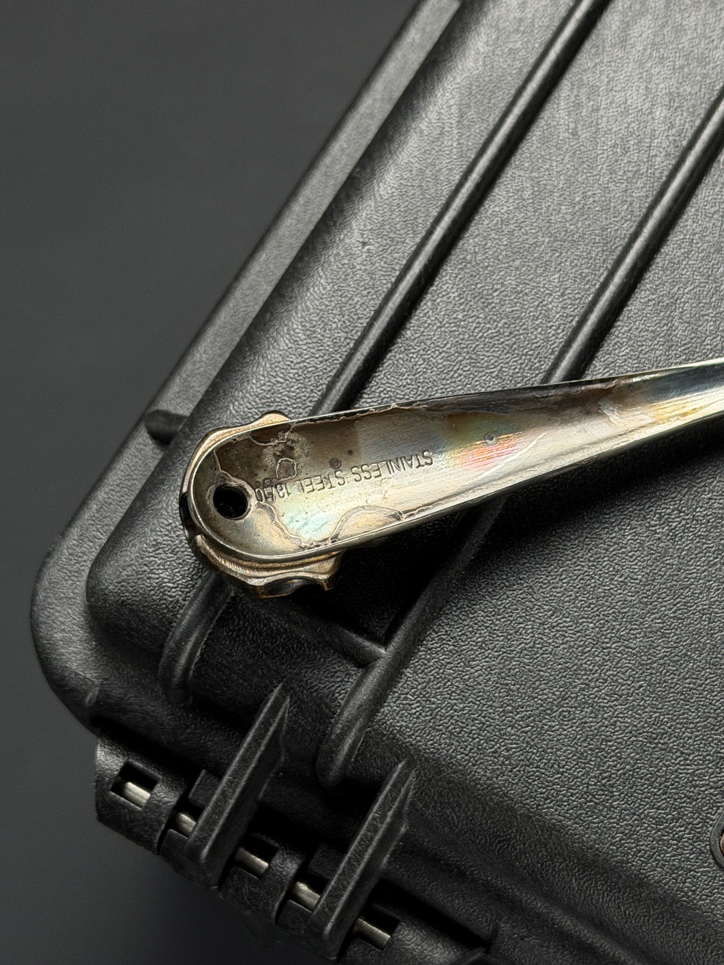 Rare Vintage Steel Flame Stainless Steel Spoon with Bronze Skull Inlay