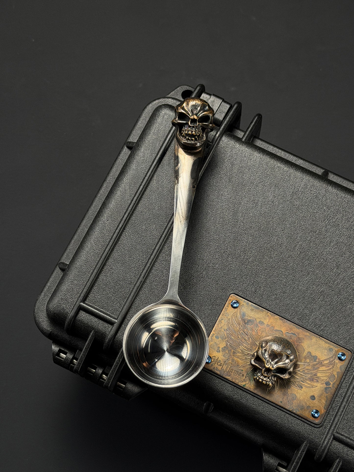 Rare Vintage Steel Flame Stainless Steel Spoon with Bronze Skull Inlay