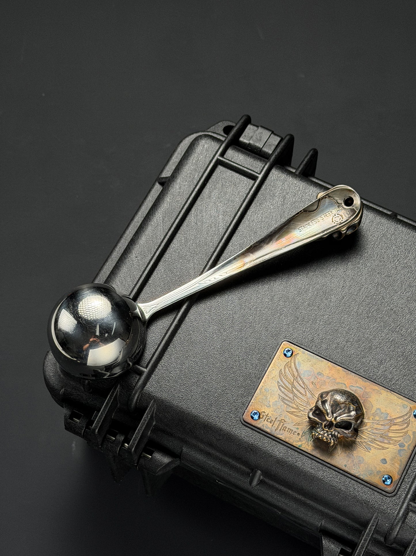 Rare Vintage Steel Flame Stainless Steel Spoon with Bronze Skull Inlay