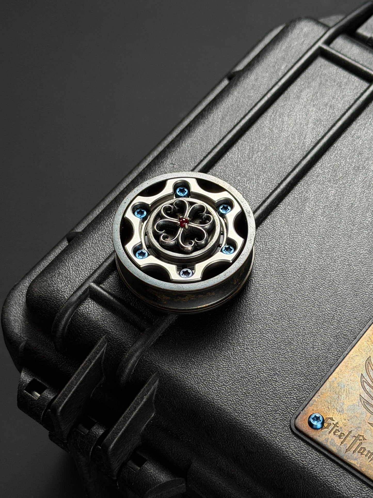 Rare Steel Flame Vintage Silver Four-Leaf Clover Fidget Spinner with Ruby Inlay