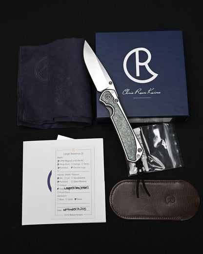 Chris Reeve Knives Large Sebenza 31 – Teal Magnetic CarboTi Inlay / Polished MagnaCut Drop Point / Silver Double Lugs