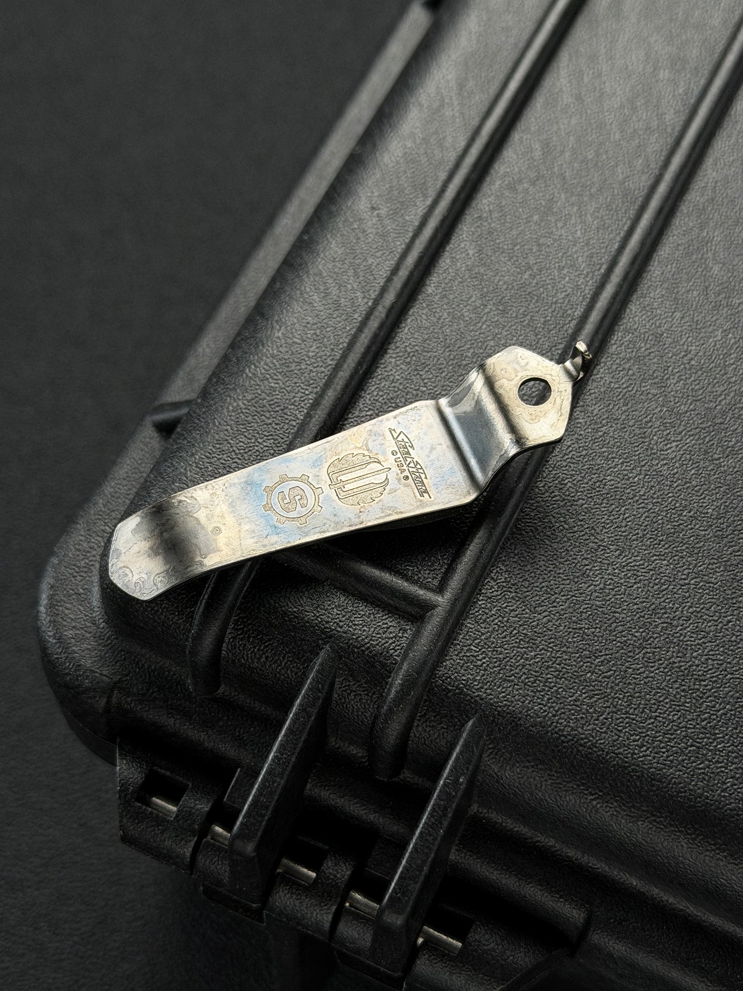 Steel Flame × Starlingear × Strider Knives Collaboration Crusader Orange-Peel Silver Shield Pocket Clip