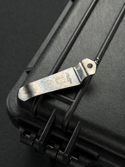 Steel Flame × Starlingear × Strider Knives Collaboration Crusader Orange-Peel Silver Shield Pocket Clip