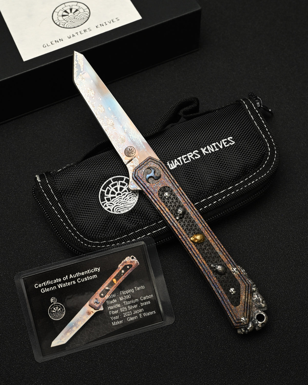 Rare Glenn Waters Knives Custom Flipping Tanto – M390 / Hand-Engraved Lava Titanium / Sterling Silver & Bronze Skulls