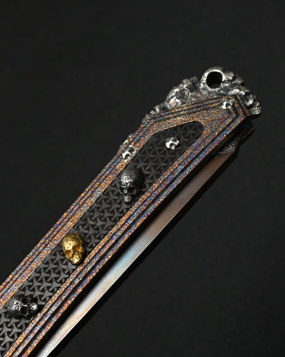 Rare Glenn Waters Knives Custom Flipping Tanto – M390 / Hand-Engraved Lava Titanium / Sterling Silver & Bronze Skulls