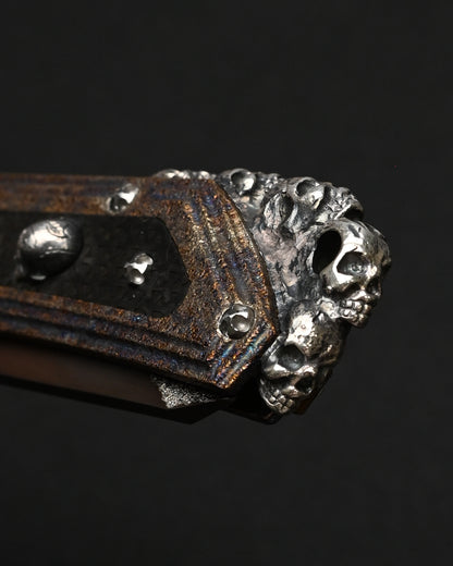 Rare Glenn Waters Knives Custom Flipping Tanto – M390 / Hand-Engraved Lava Titanium / Sterling Silver & Bronze Skulls