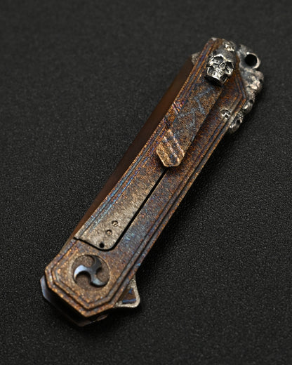 Rare Glenn Waters Knives Custom Flipping Tanto – M390 / Hand-Engraved Lava Titanium / Sterling Silver & Bronze Skulls