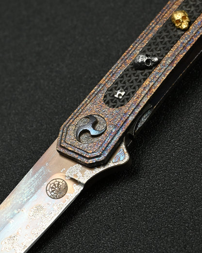 Rare Glenn Waters Knives Custom Flipping Tanto – M390 / Hand-Engraved Lava Titanium / Sterling Silver & Bronze Skulls