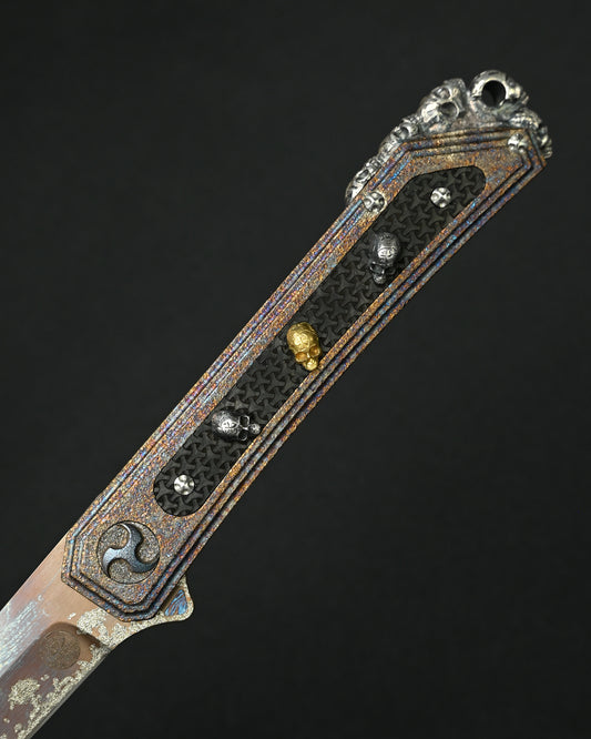 Rare Glenn Waters Knives Custom Flipping Tanto – M390 / Hand-Engraved Lava Titanium / Sterling Silver & Bronze Skulls