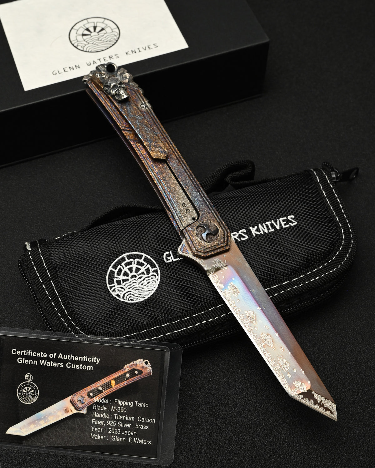 Rare Glenn Waters Knives Custom Flipping Tanto – M390 / Hand-Engraved Lava Titanium / Sterling Silver & Bronze Skulls