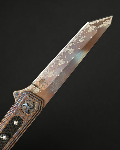 Rare Glenn Waters Knives Custom Flipping Tanto – M390 / Hand-Engraved Lava Titanium / Sterling Silver & Bronze Skulls