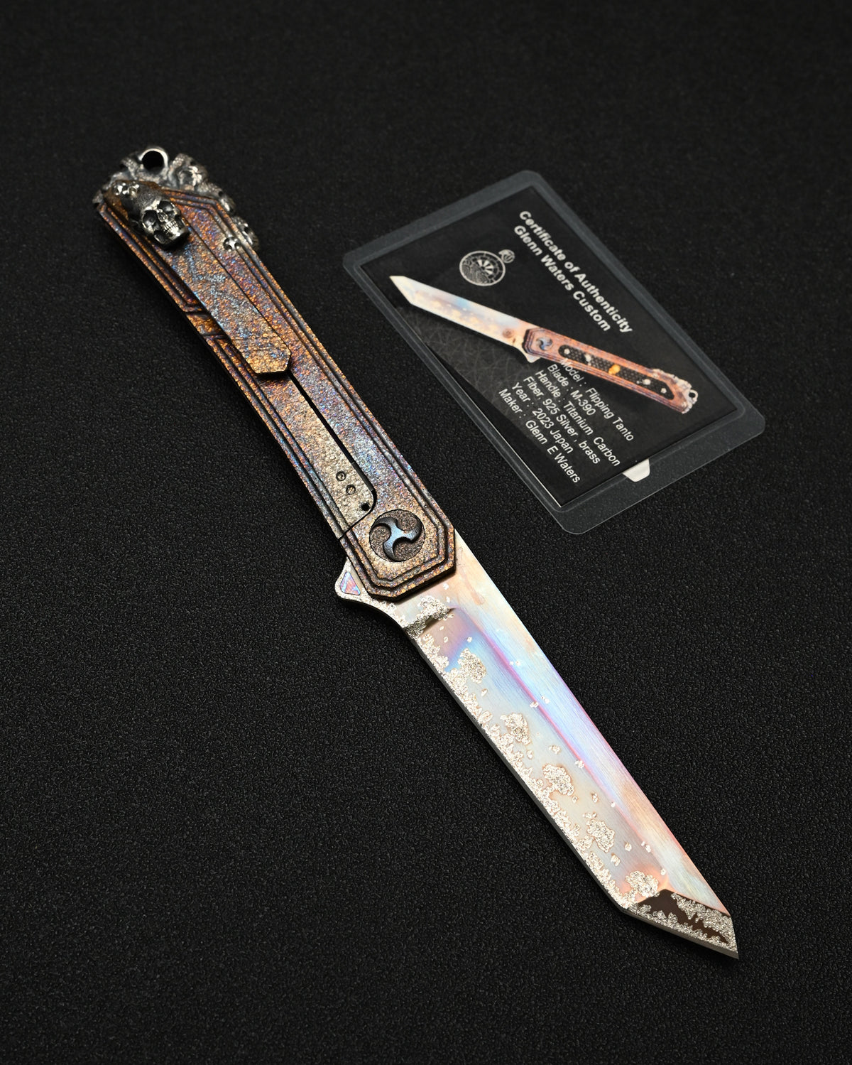 Rare Glenn Waters Knives Custom Flipping Tanto – M390 / Hand-Engraved Lava Titanium / Sterling Silver & Bronze Skulls