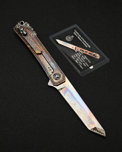 Rare Glenn Waters Knives Custom Flipping Tanto – M390 / Hand-Engraved Lava Titanium / Sterling Silver & Bronze Skulls