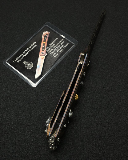 Rare Glenn Waters Knives Custom Flipping Tanto – M390 / Hand-Engraved Lava Titanium / Sterling Silver & Bronze Skulls
