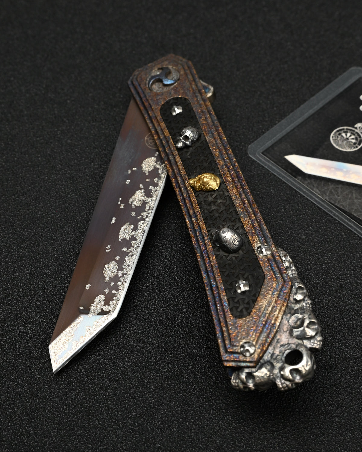 Rare Glenn Waters Knives Custom Flipping Tanto – M390 / Hand-Engraved Lava Titanium / Sterling Silver & Bronze Skulls
