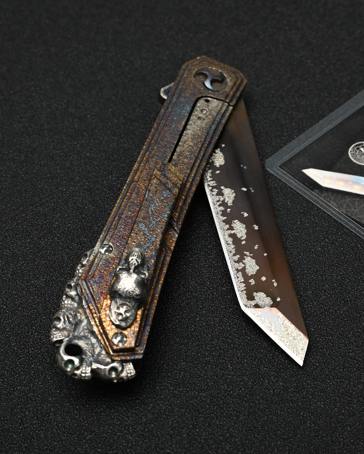 Rare Glenn Waters Knives Custom Flipping Tanto – M390 / Hand-Engraved Lava Titanium / Sterling Silver & Bronze Skulls