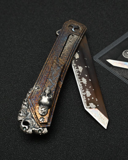 Rare Glenn Waters Knives Custom Flipping Tanto – M390 / Hand-Engraved Lava Titanium / Sterling Silver & Bronze Skulls