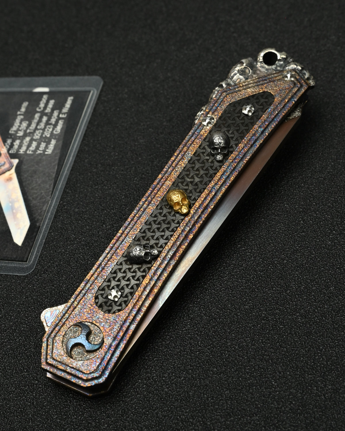 Rare Glenn Waters Knives Custom Flipping Tanto – M390 / Hand-Engraved Lava Titanium / Sterling Silver & Bronze Skulls