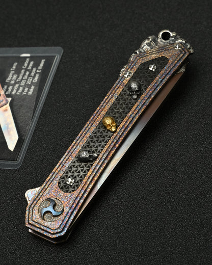 Rare Glenn Waters Knives Custom Flipping Tanto – M390 / Hand-Engraved Lava Titanium / Sterling Silver & Bronze Skulls