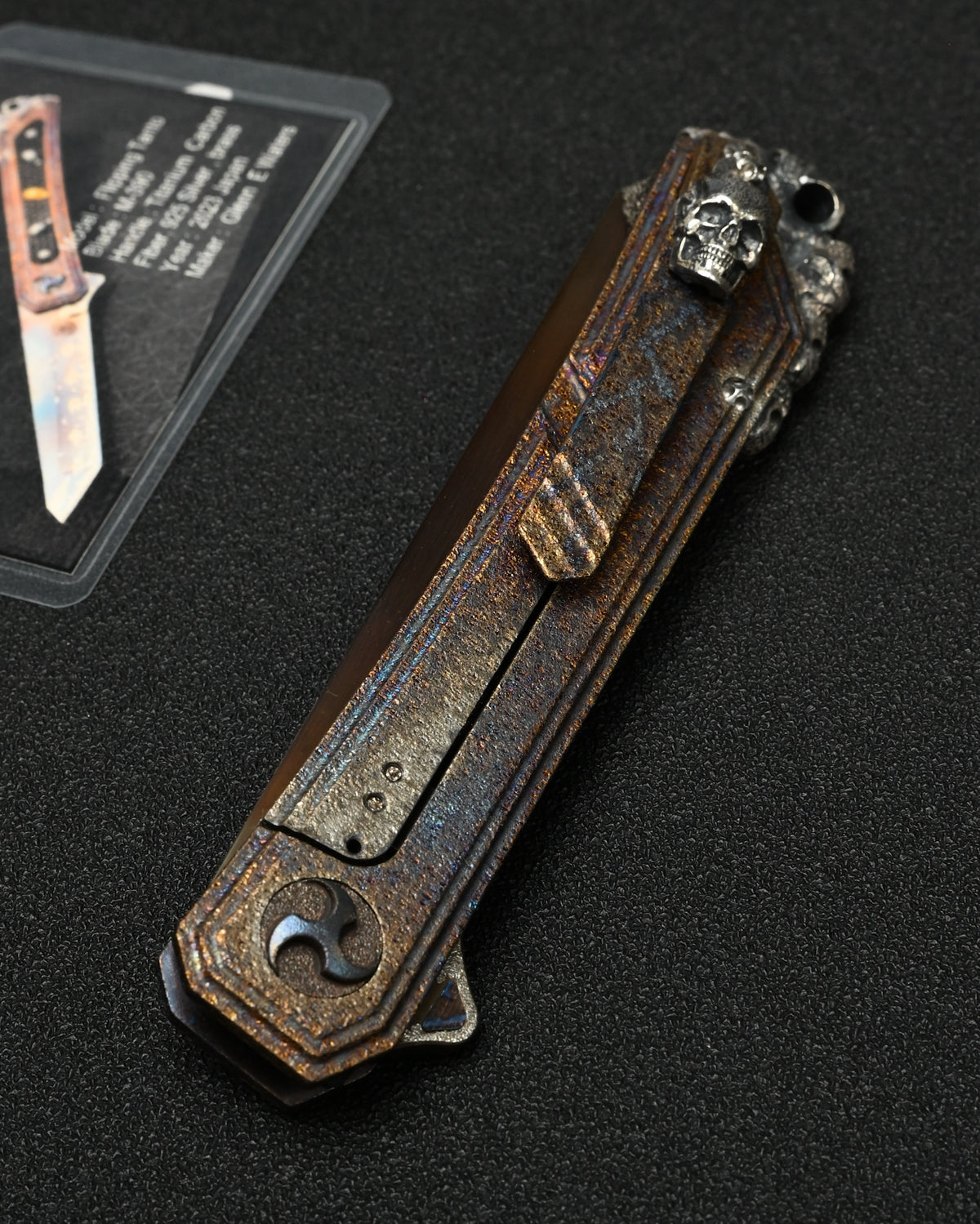 Rare Glenn Waters Knives Custom Flipping Tanto – M390 / Hand-Engraved Lava Titanium / Sterling Silver & Bronze Skulls