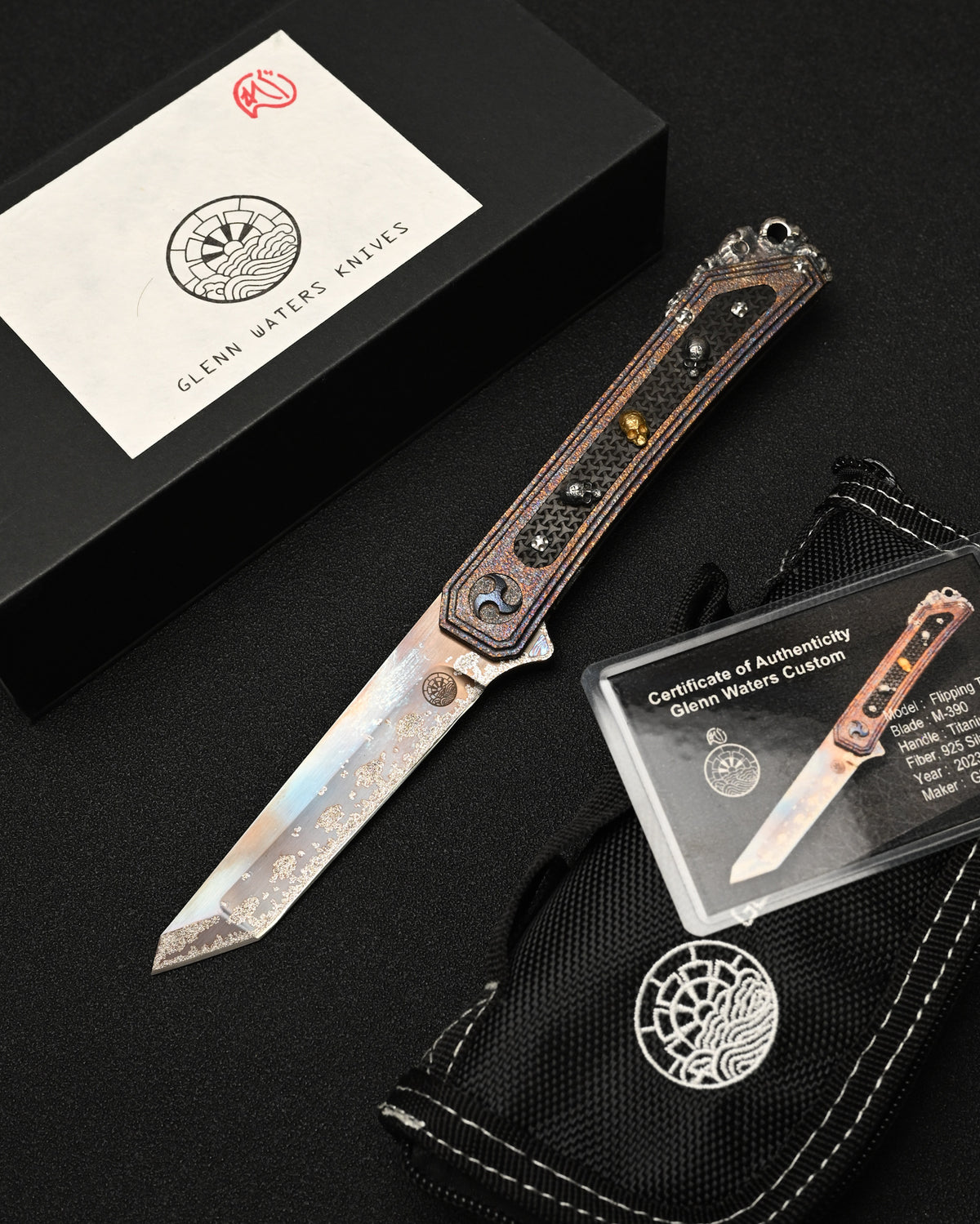 Rare Glenn Waters Knives Custom Flipping Tanto – M390 / Hand-Engraved Lava Titanium / Sterling Silver & Bronze Skulls