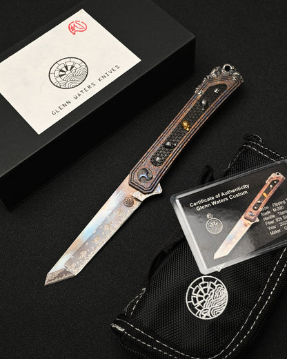 Rare Glenn Waters Knives Custom Flipping Tanto – M390 / Hand-Engraved Lava Titanium / Sterling Silver & Bronze Skulls
