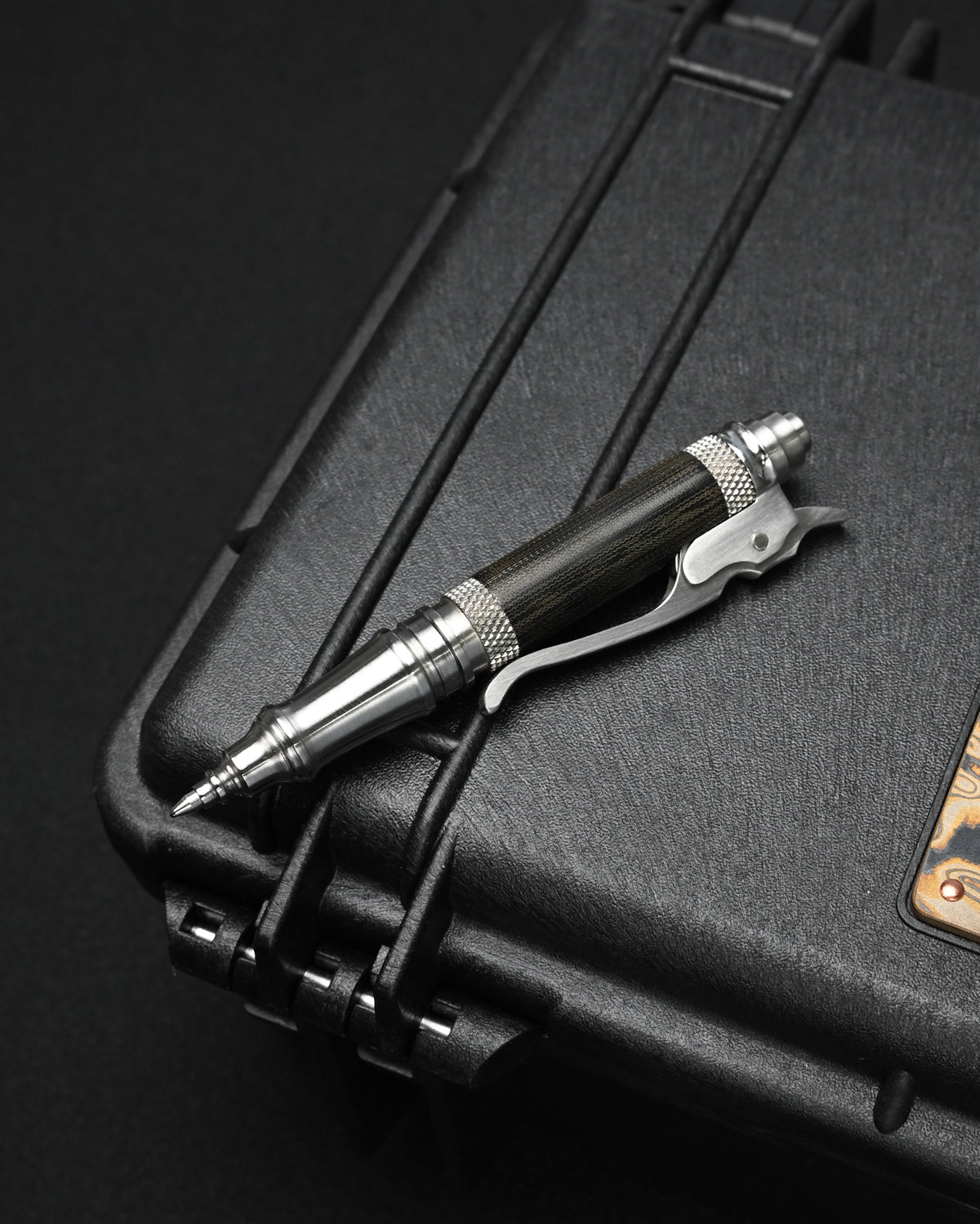 Hidetoshi Nakayama custom Japanese EDC ballpoint pen featuring a SUS303 stainless steel body, black Micarta center section and German SCHMIDT P900 refill