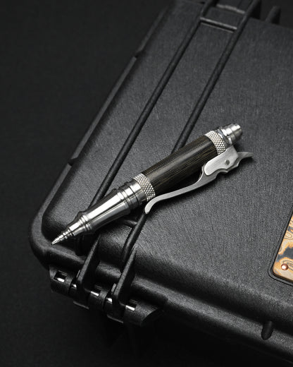 Hidetoshi Nakayama custom Japanese EDC ballpoint pen featuring a SUS303 stainless steel body, black Micarta center section and German SCHMIDT P900 refill